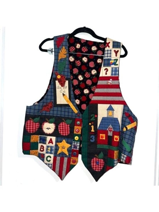 Vintage Jackets & Blazers - Vintage Apple & Alphabet Themed Patchwork Vest